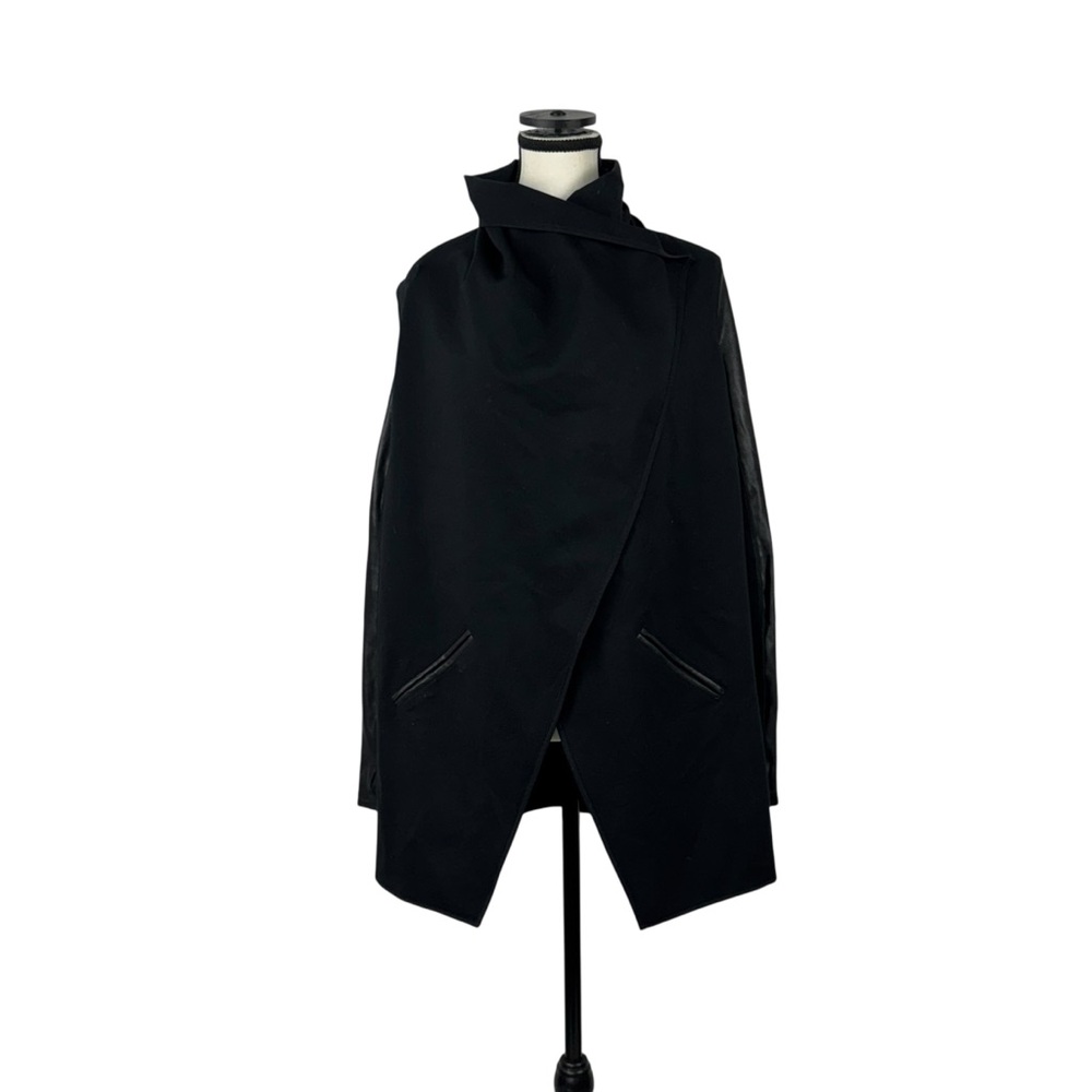 Spanx Black Asymmetrical Draped Jacket XS Faux Leather Sleeve Moto Chic Edgy - Picture 2 of 13